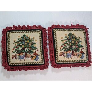 2 Vintage Needlepoint Christmas Pillows 18" Square Embroidered Front PomPom Trim